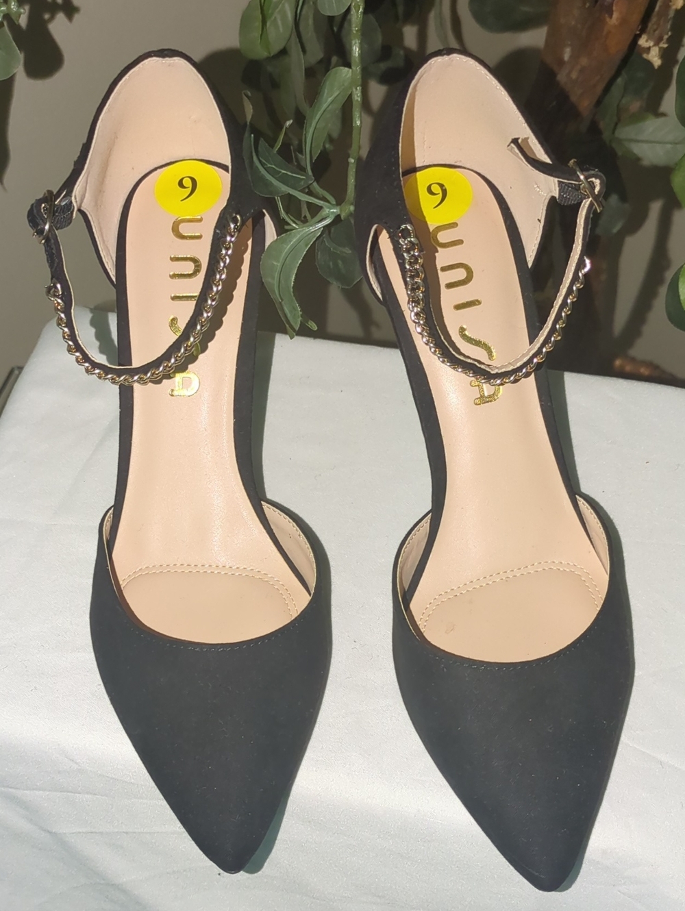 💥FINAL💥Unisa Black Pointed-Toe Chain Ankle Strap Heels